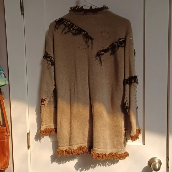 Safari Knit Faux Fur Animal Print Spots Stripes Sequins & Fringe Long Sweater - Picture 9 of 10